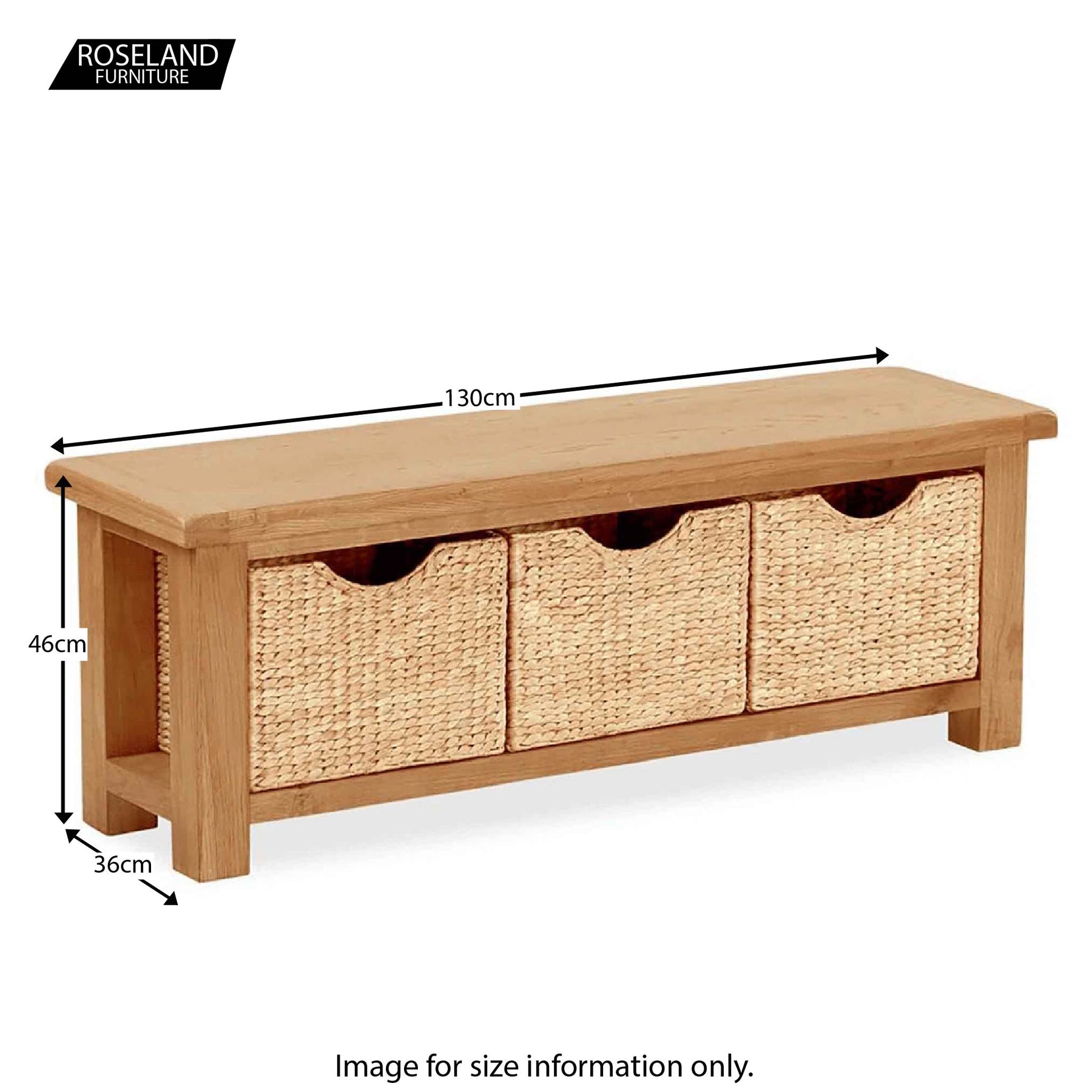 Zelah Oak Bench with Baskets - Size Guide