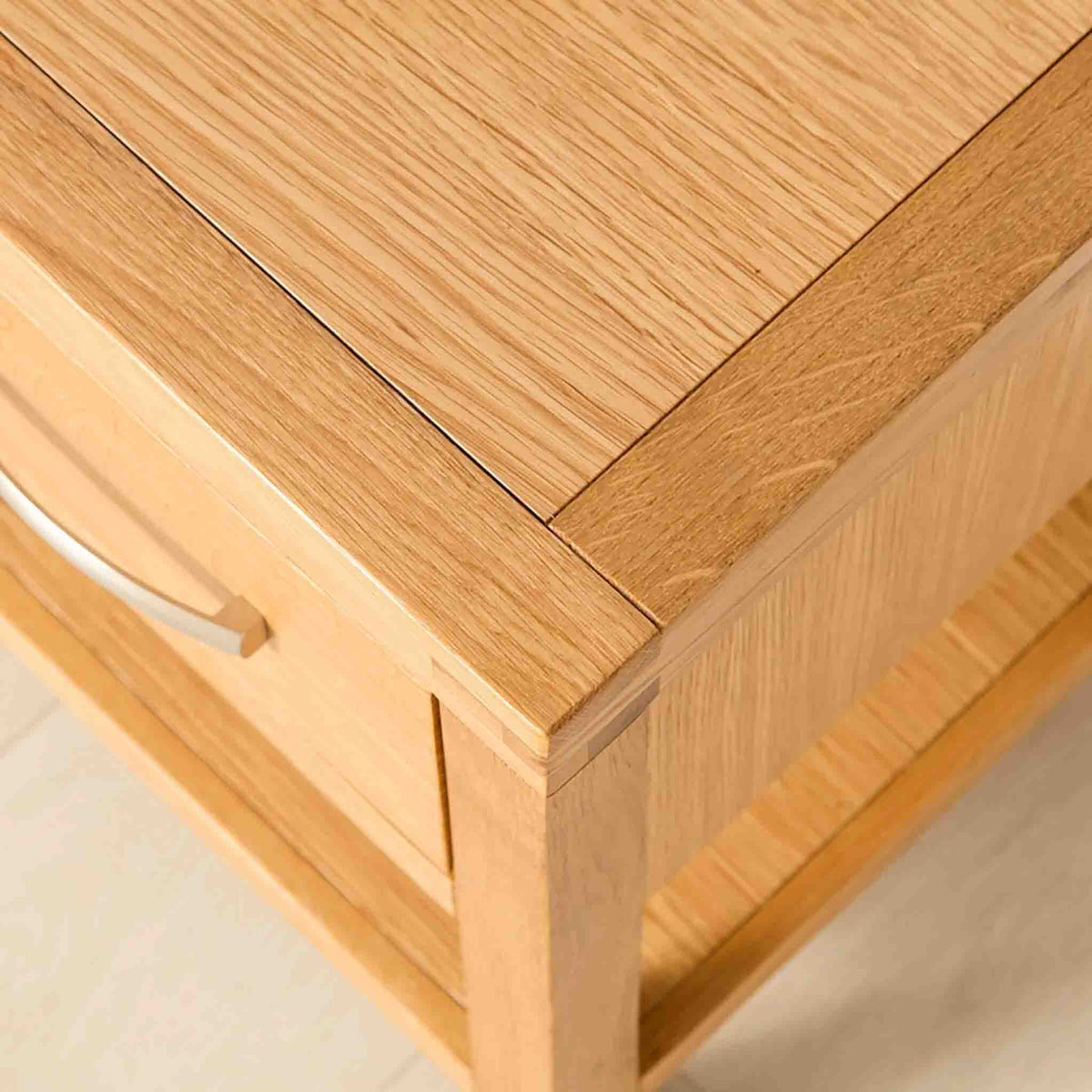 Top Corner view of the Abbey Light Oak Solid Wood Lamp Table by Roseland Furniture