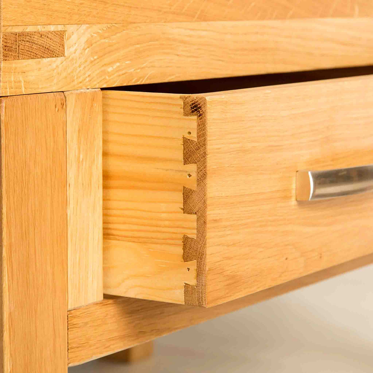 Drawer joint view the Abbey Light Oak Coffee Table from Roseland Furniture