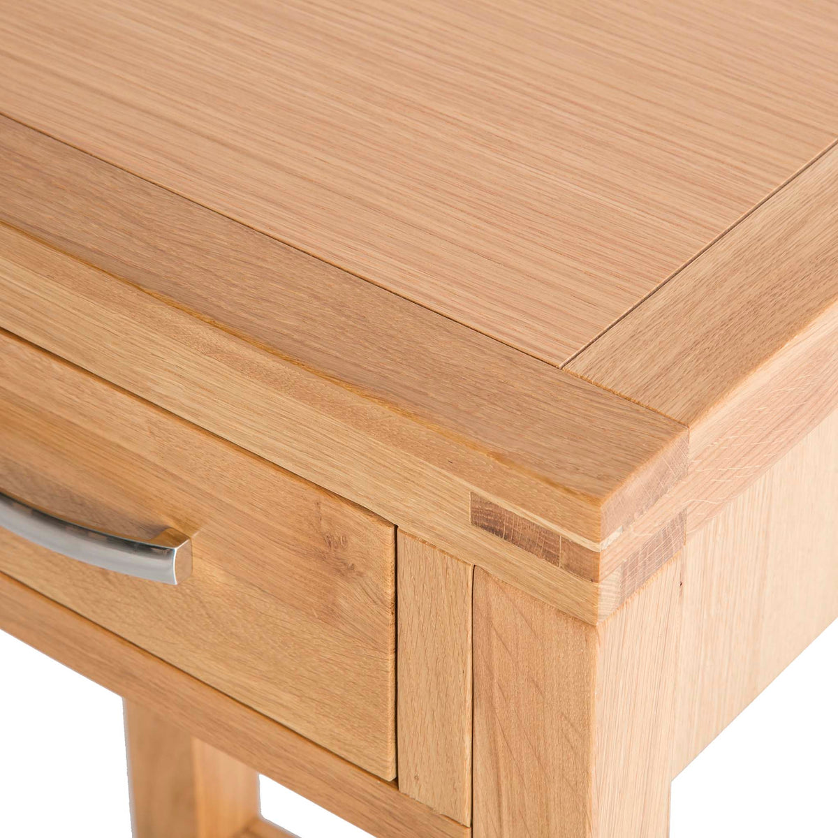 Abbey Light Oak Telephone Hall Table - Close up of drawer and corner