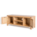 The Abbey Light Oak Large TV Stand - Side view with doors open