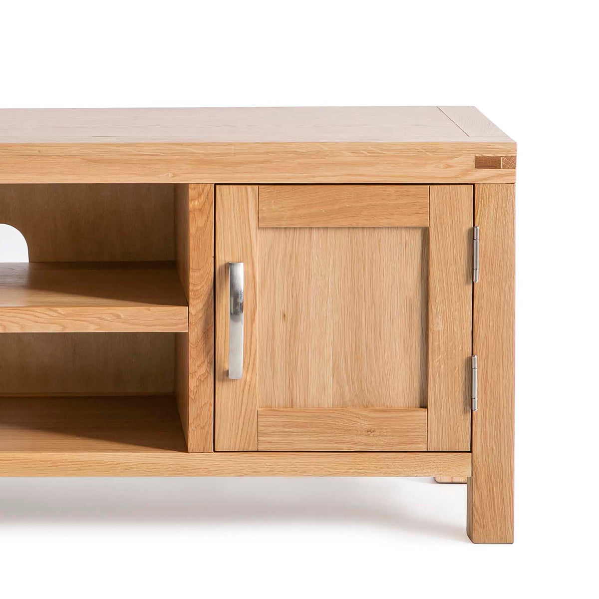 The Abbey Light Oak Large TV Stand - Close up of Top and Cupboard of TV Stand