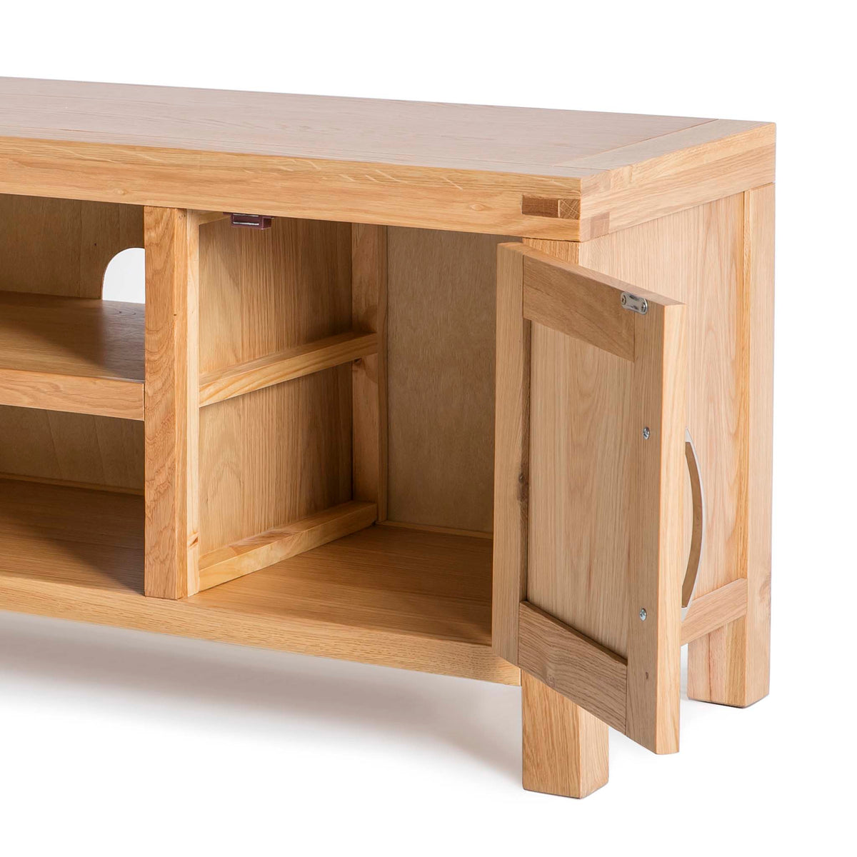 The Abbey Light Oak Large TV Stand - Side view close up with cupboard door open