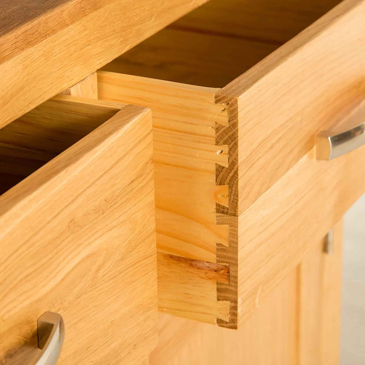 Abbey Light Oak Large Sideboard - Close up of dovetail joints on drawer