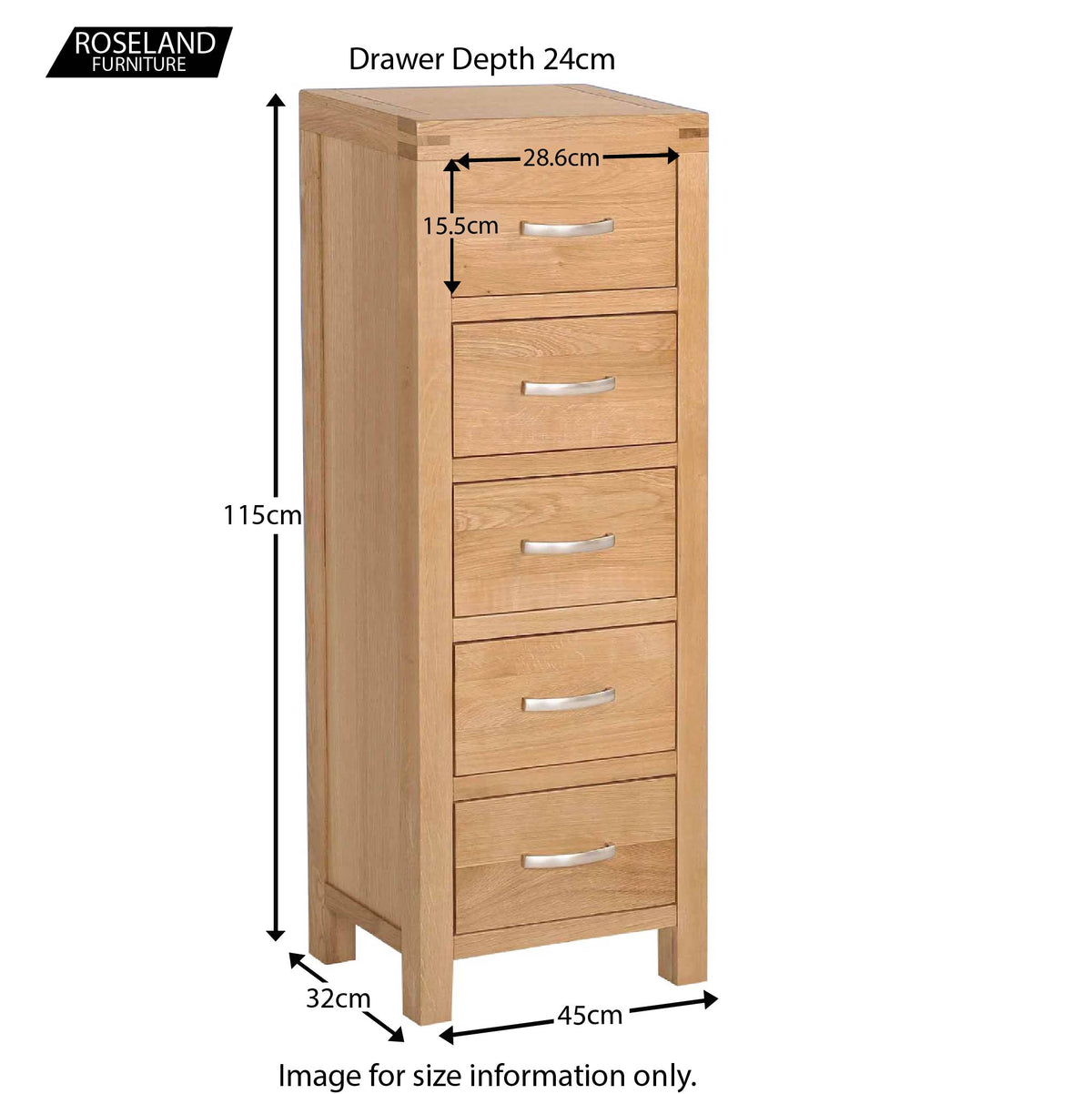 Abbey Light Oak Tallboy Chest of Drawers - Size guide