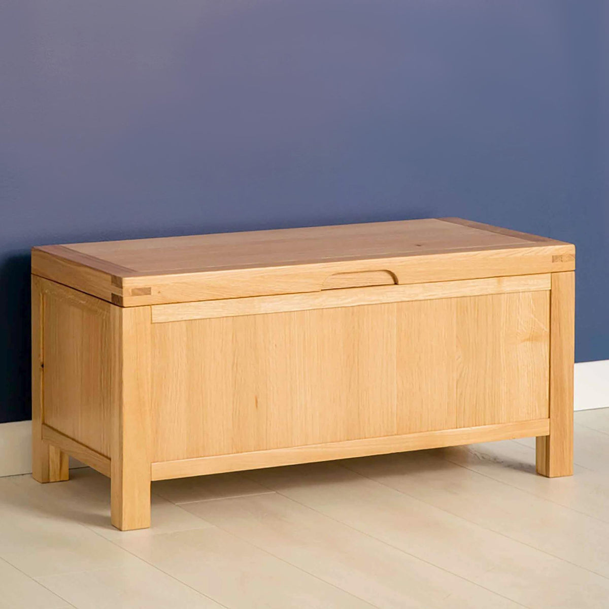 Abbey Light Oak Blanket Box - Lifestyle side view