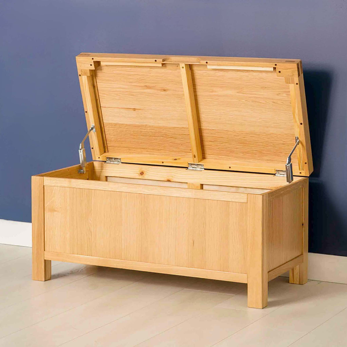 Abbey Light Oak Blanket Box - Lifestyle side view with lid open