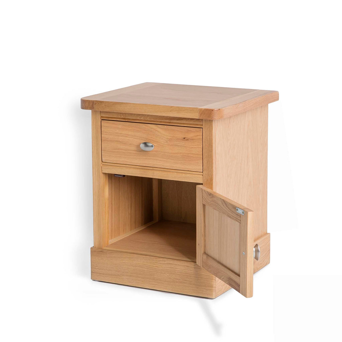 Hampshire Oak Lamp Table - Side view with door open with view of inside cupboard