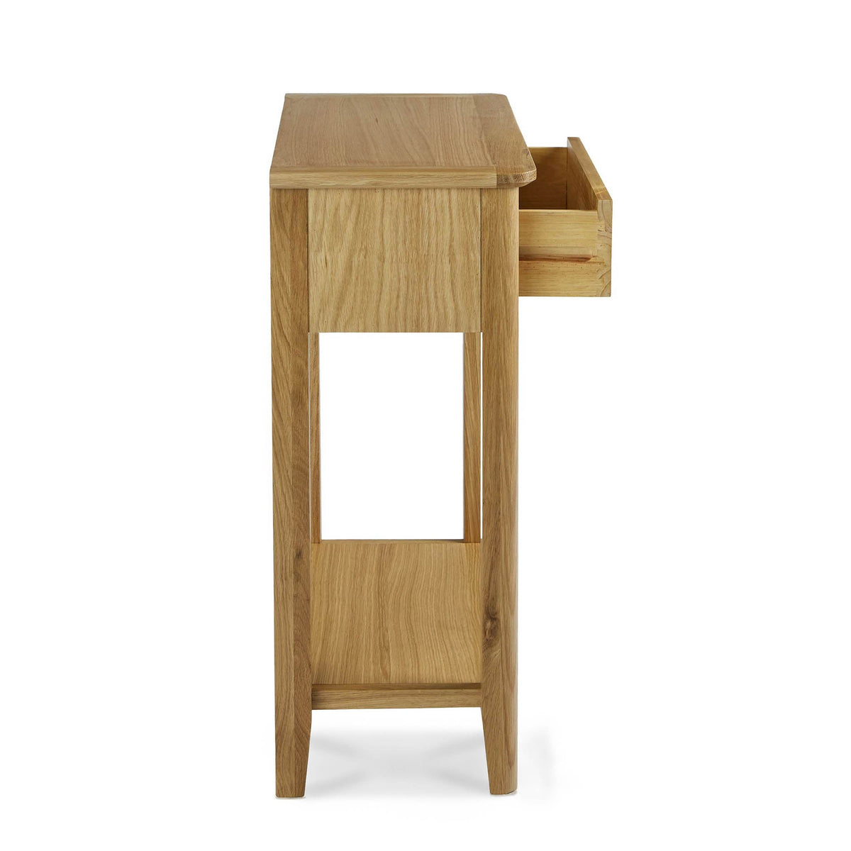 Alba Oak Telephone Table - Side on view with drawer open