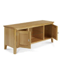 Alba Oak Large 120cm TV Stand - Side view with cupboard doors open