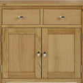 Alba Oak Mini Sideboard - Front close up view of cupboard and drawer fronts