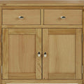 Alba Oak Mini Sideboard - Front close up view of cupboard and drawer fronts