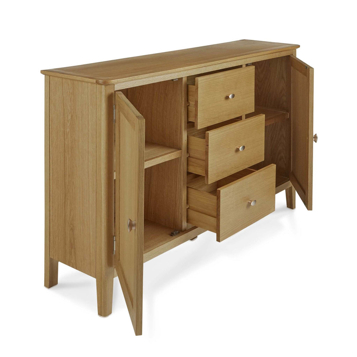 Alba Oak Large Sideboard - Side view with cupboards and drawers open