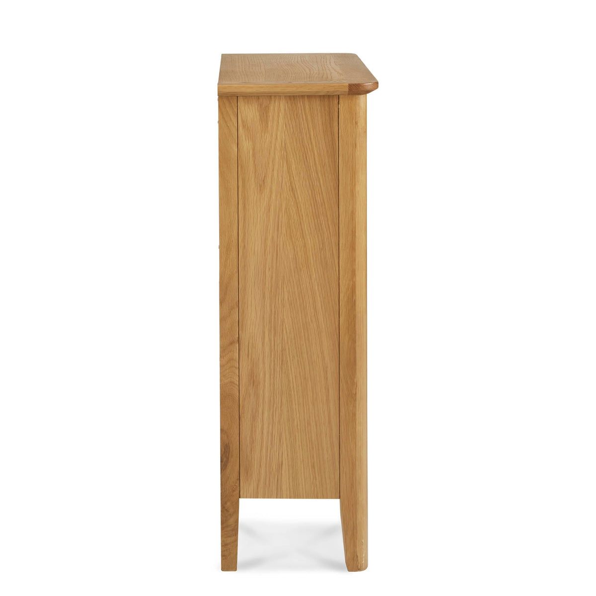 A tall, narrow wooden pedestal with a flat top, standing upright against a white background.
