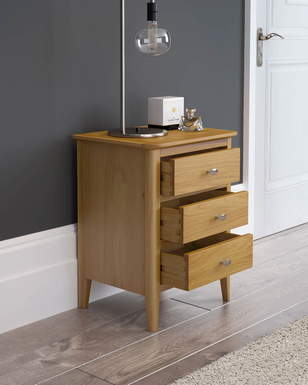 Alba Oak 3 Drawer Bedside Table Unit lifestyle view 2