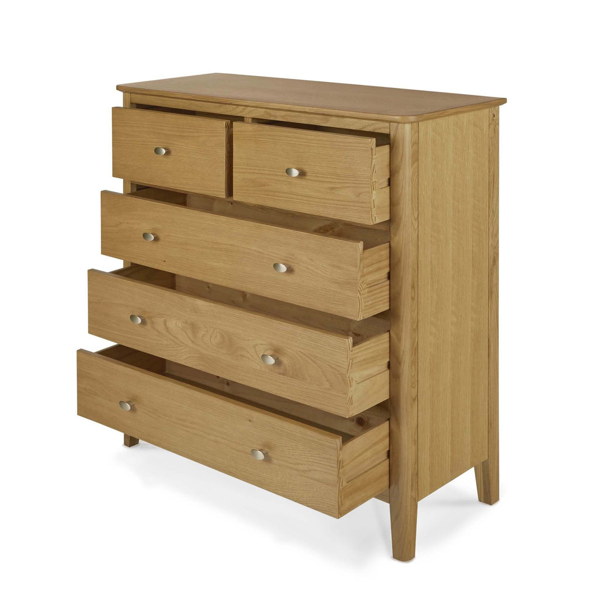 Alba Oak 2 Over 3 Chest of Drawers - Side view with drawers open
