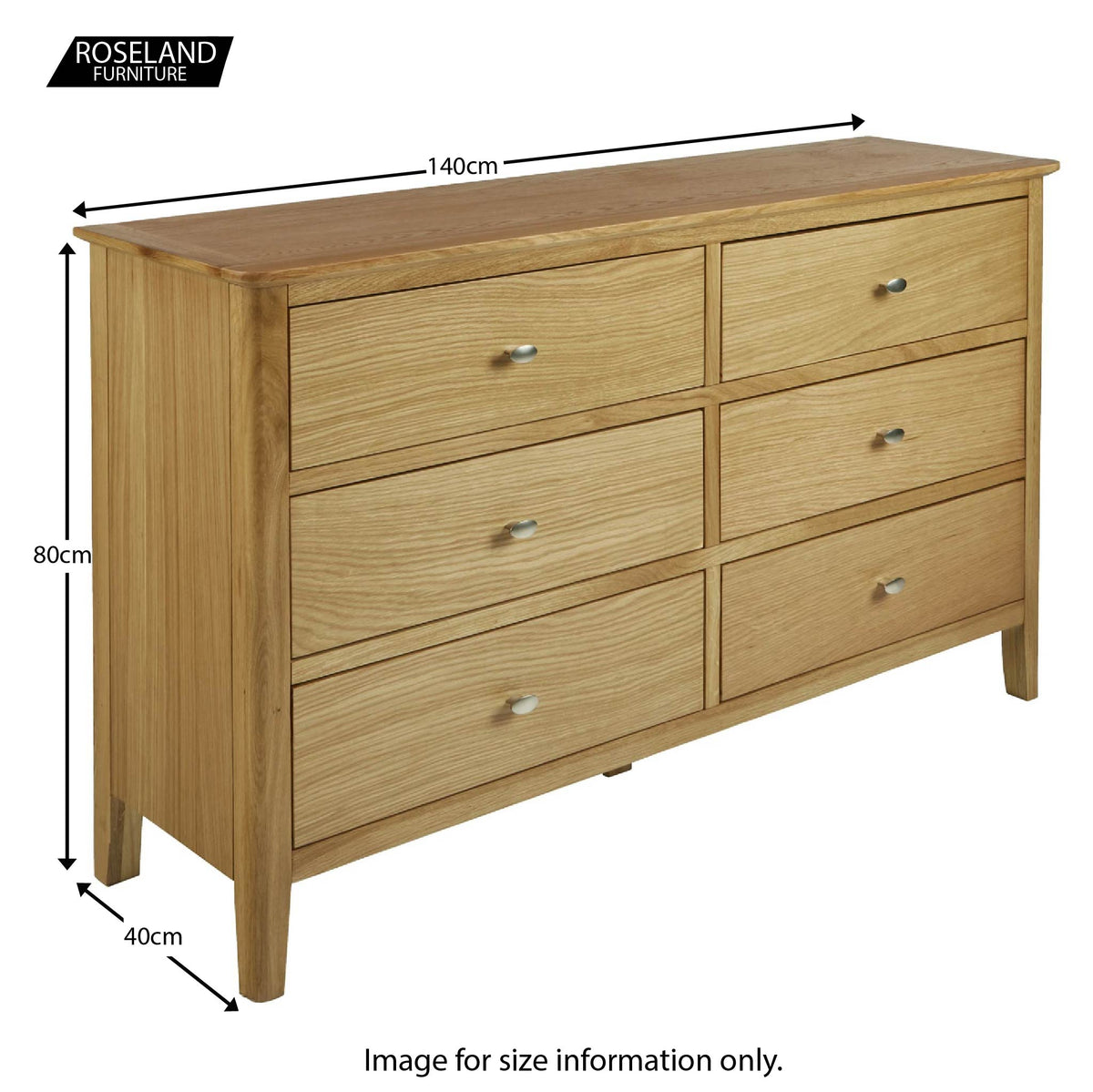 Alba Oak 6 Drawer Chest of Drawer Unit - Size guide