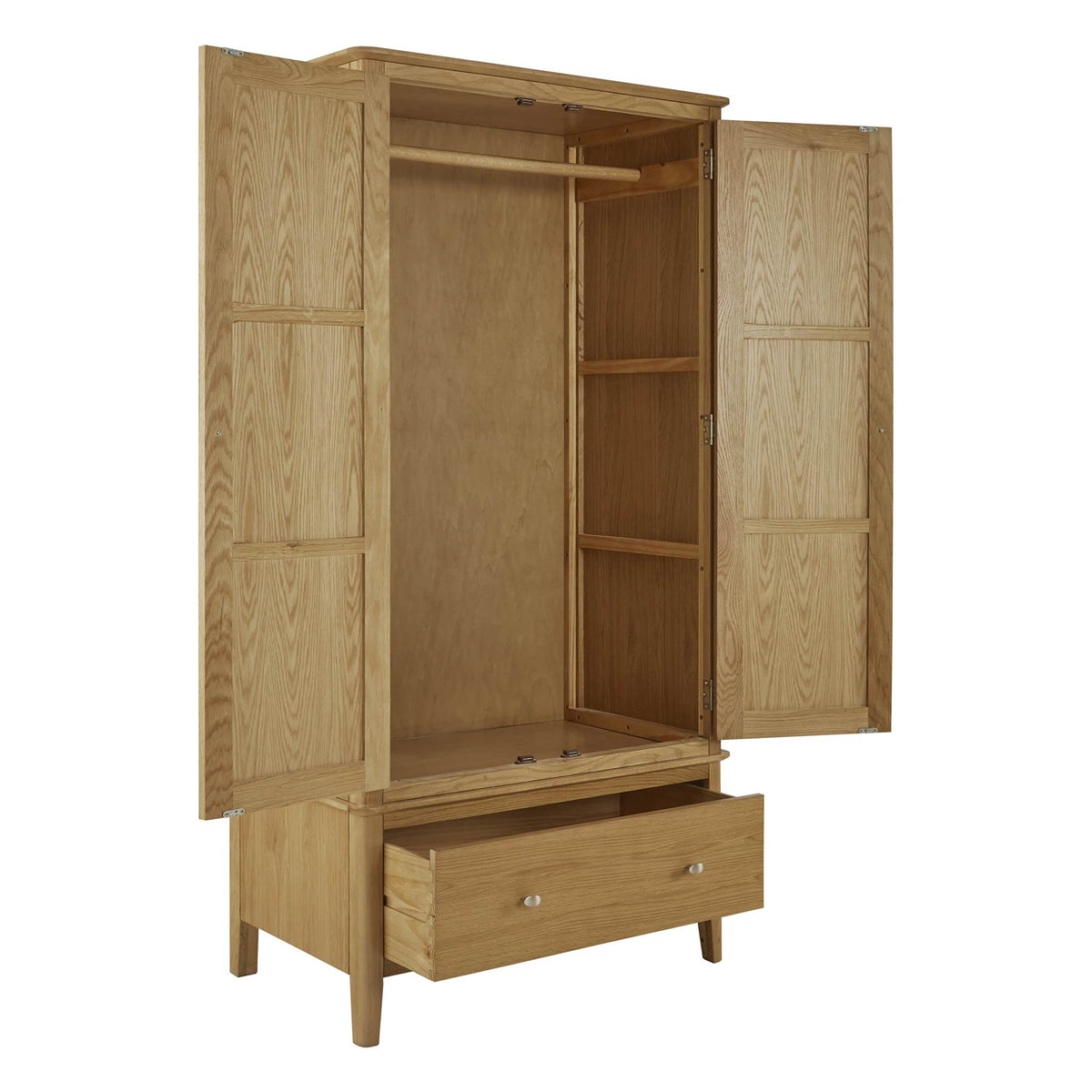 Alba Oak Double Wardrobe with Drawer open doors