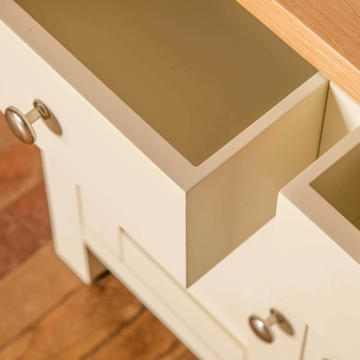 Farrow Cream 2 cupboard 2 drawer mini sideboard unit drawers open