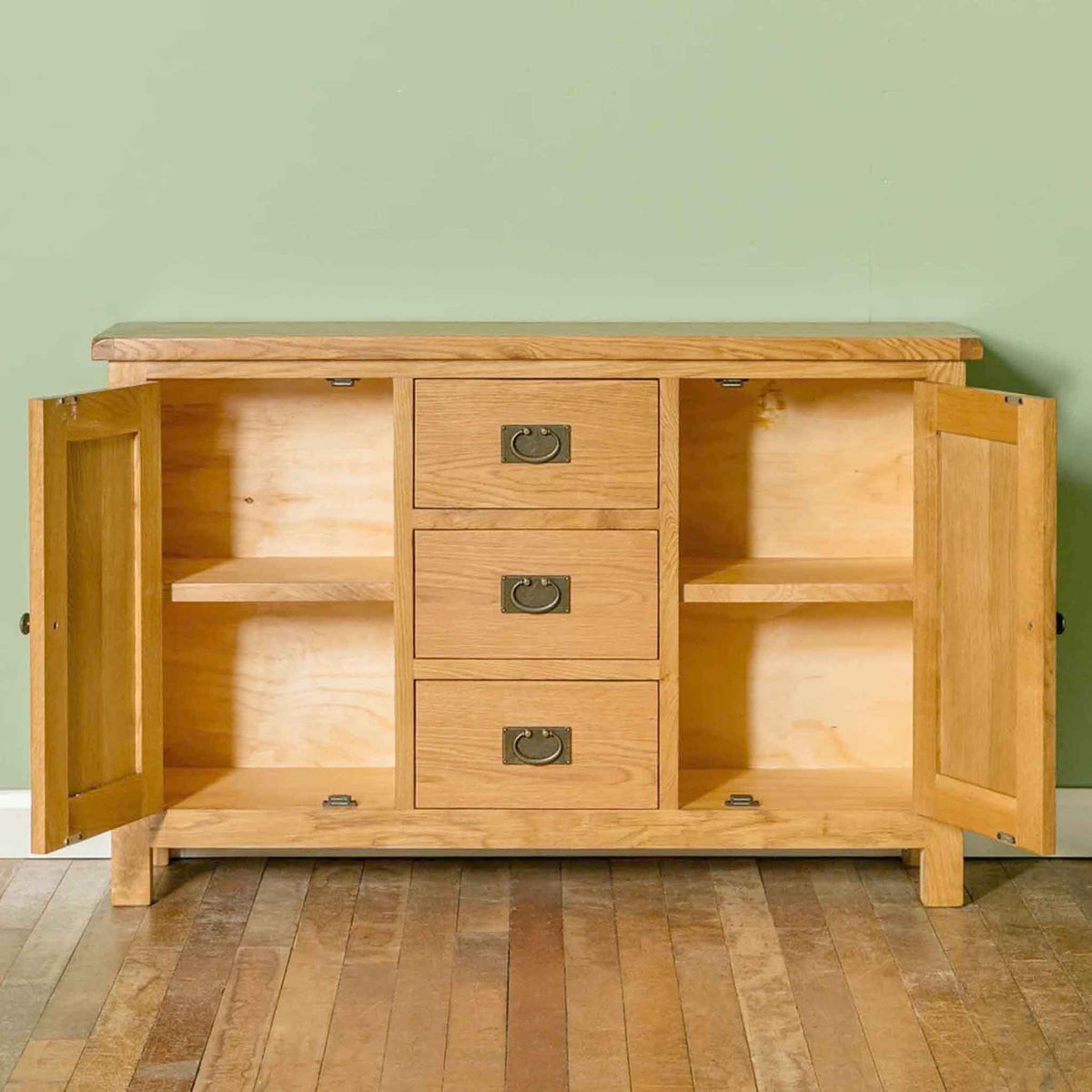 Surrey Oak 3 Drawer Sideboard - Lifestyle with cupboard doors open
