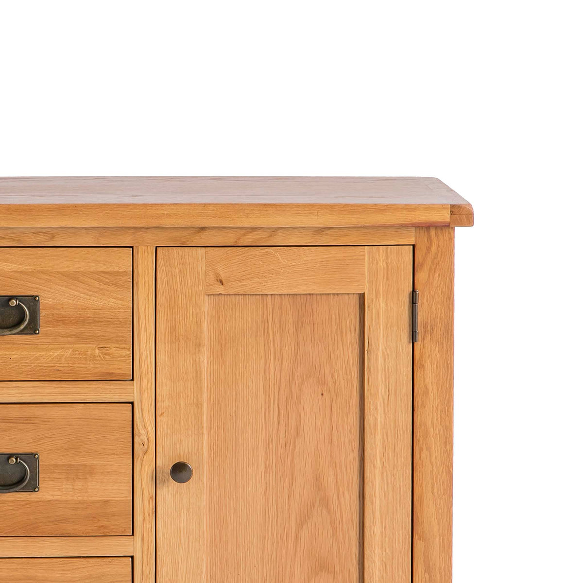close up of oak top on the Surrey Oak 3 Drawer Sideboard by Roseland Furniture