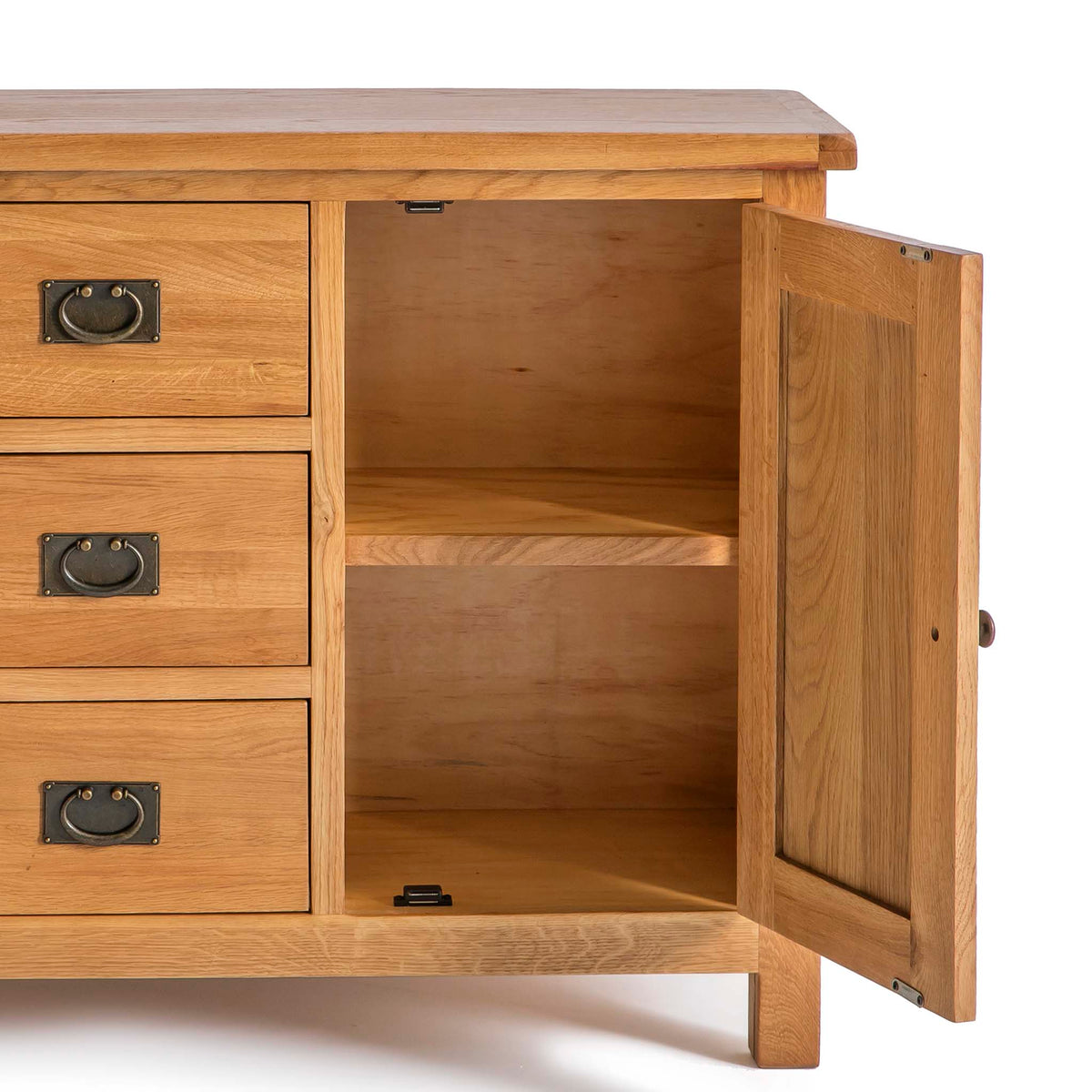 internal cupboard view of the Surrey Oak 3 Drawer Sideboard by Roseland Furniture