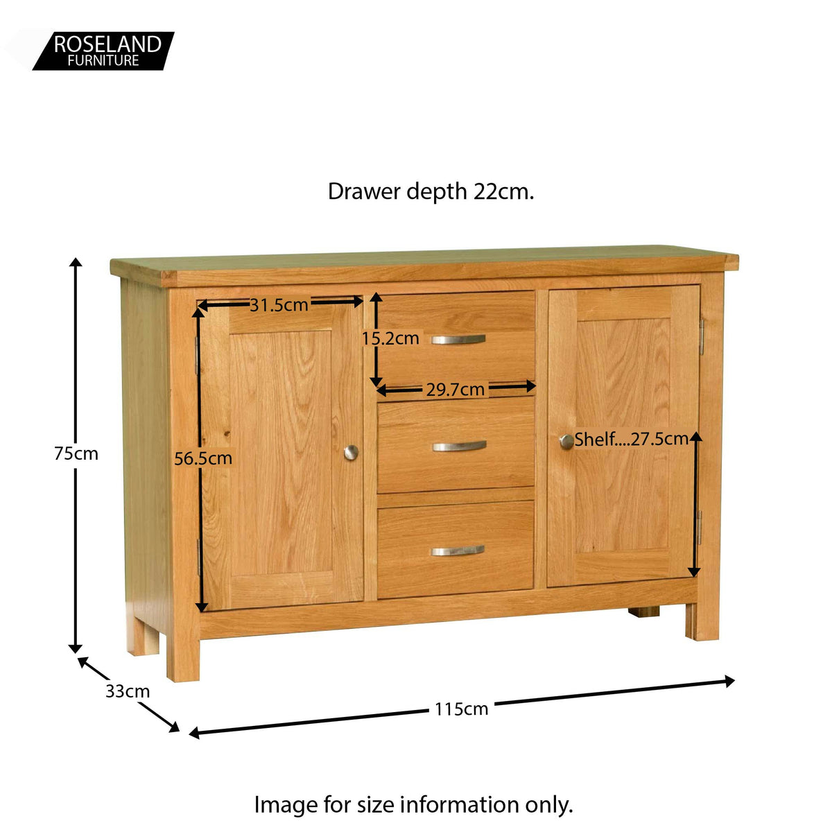 London Oak 3 Drawer Sideboard - size guide