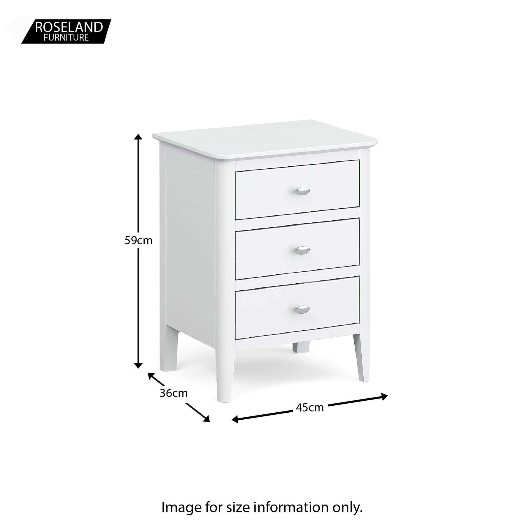 Chester White Bedside Chest of 3 Drawers - Size guide