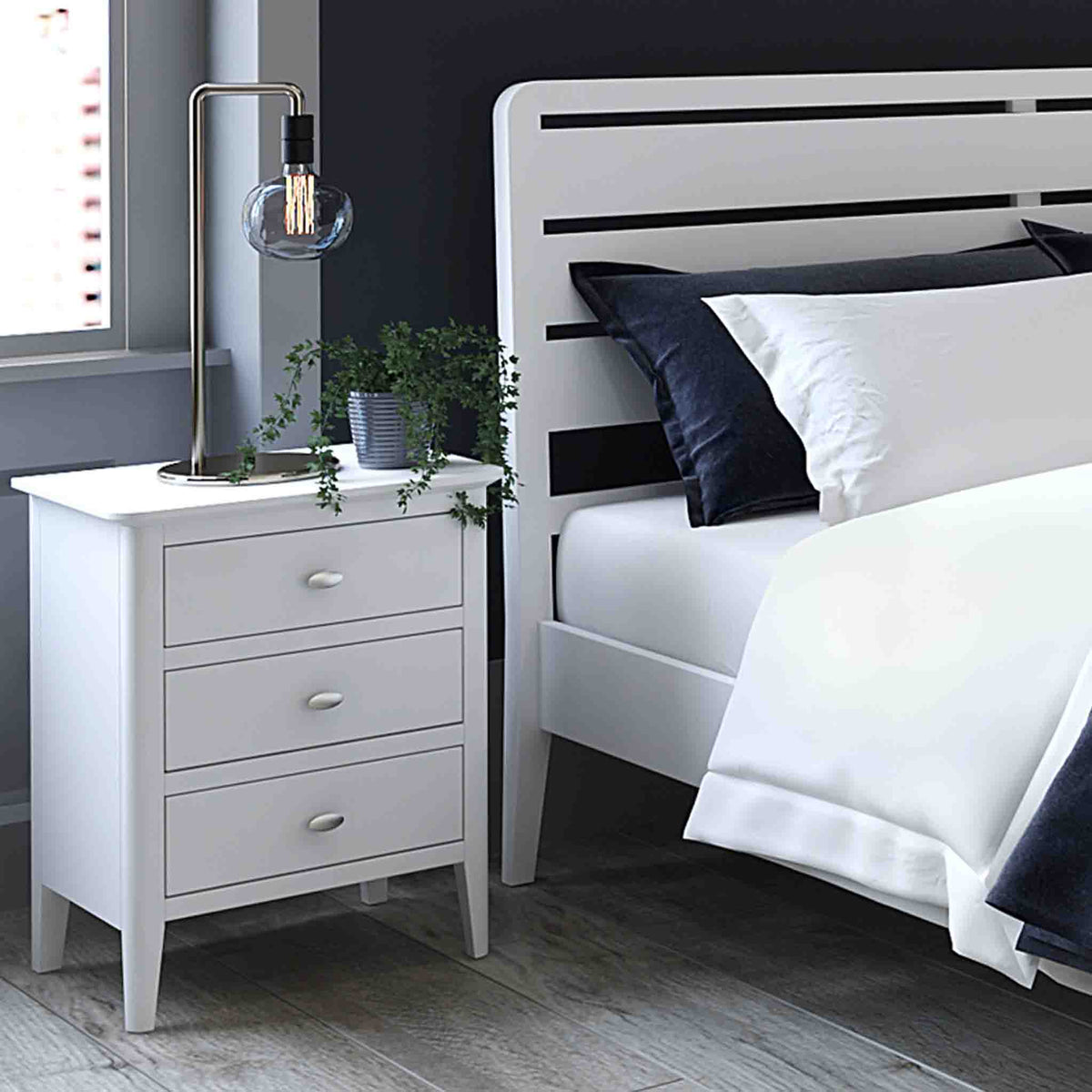 Chester White Bedside Chest of 3 Drawers - Lifestyle view