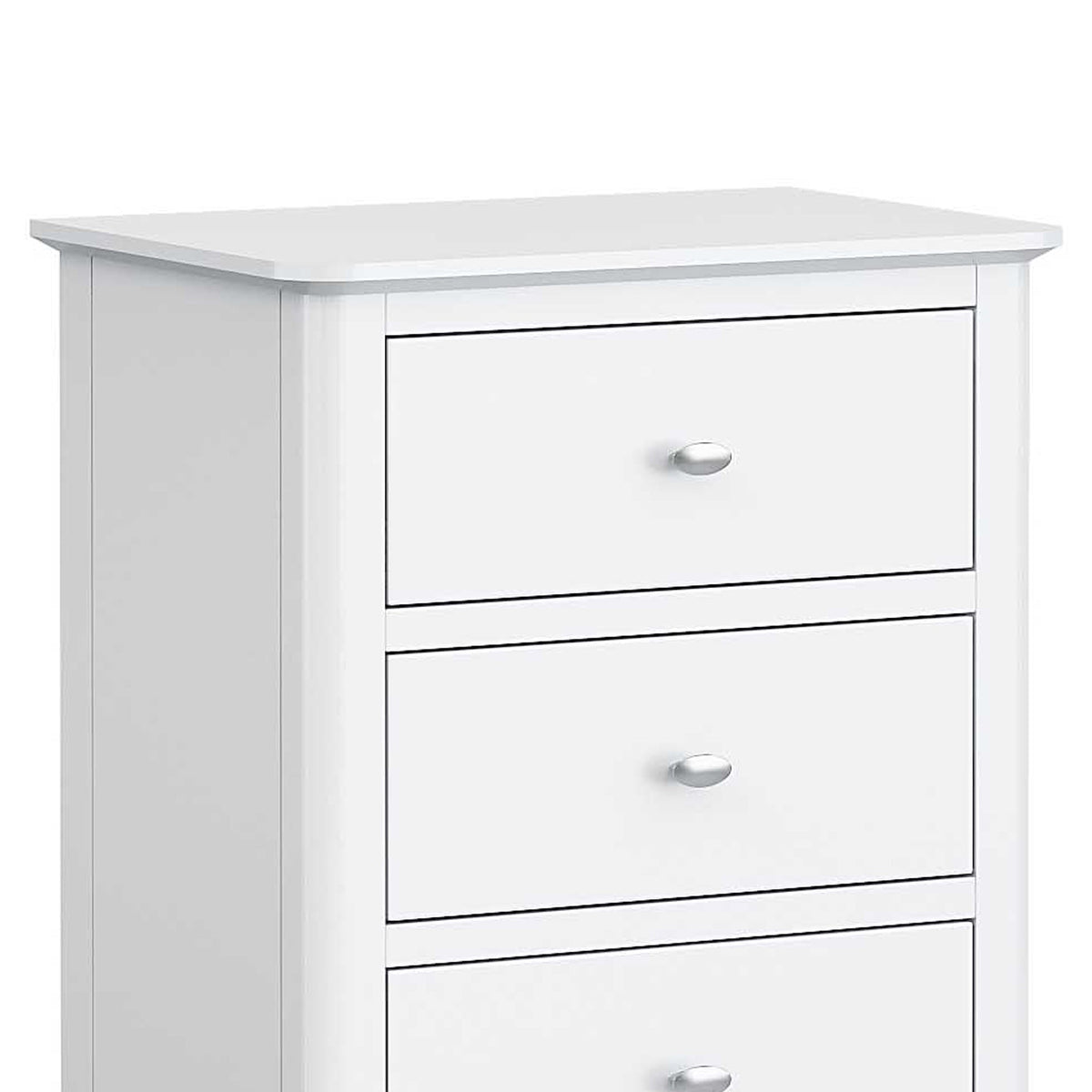 Chester White 5 Drawer Tallboy - Close up of top and drawer fronts