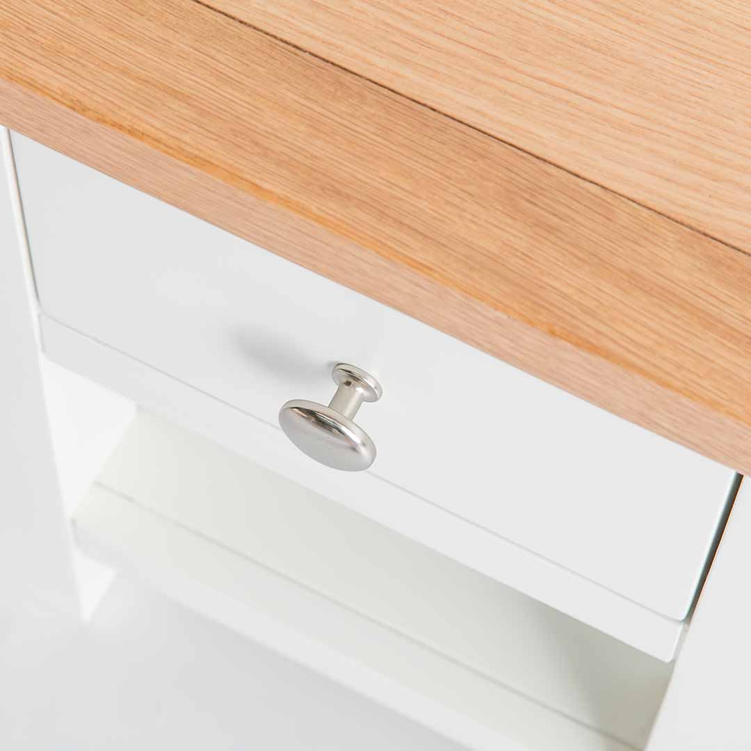 Close up of the drawer on the Farrow White Lamp Table 