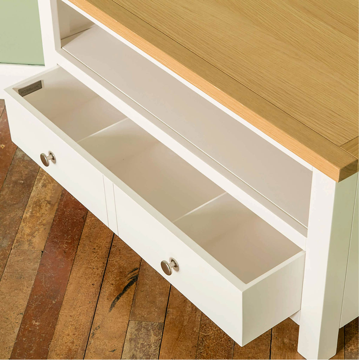 Farrow White Corner TV Stand Unit drawer open