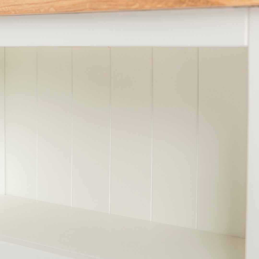 close up of the back panels on the Farrow White Low Bookcase 