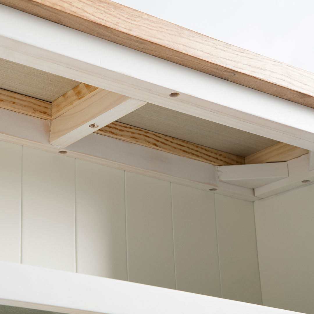 under view of the oak top on the Farrow White Low Bookcase 