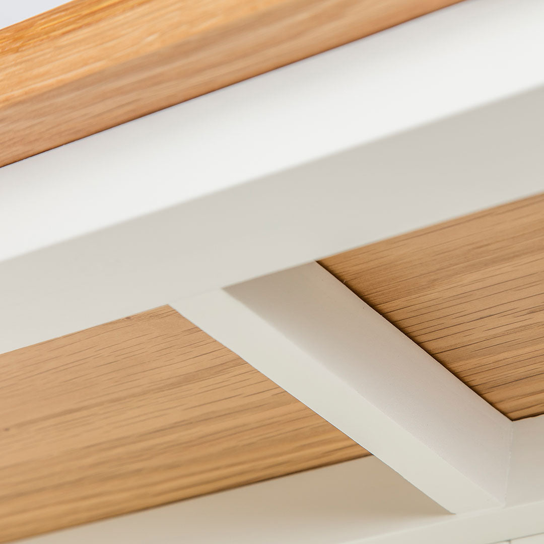 Underside view of the oak top on the Farrow White Large Bookcase