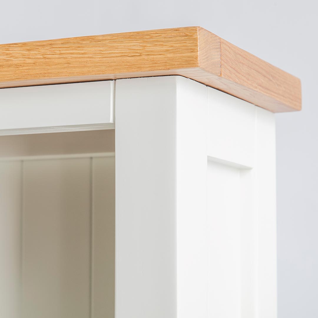 Close up of the oak top on the Farrow White Large Bookcase