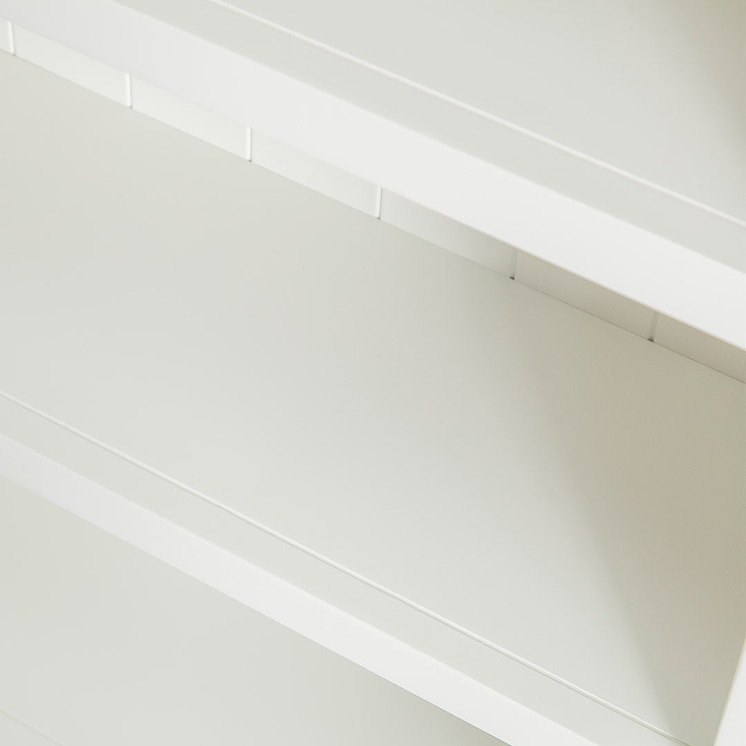 Close up of the fixed shelves on the Farrow White Large Bookcase