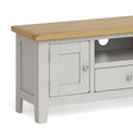 Lundy Grey Large TV Stand - Close Up of Oak Top