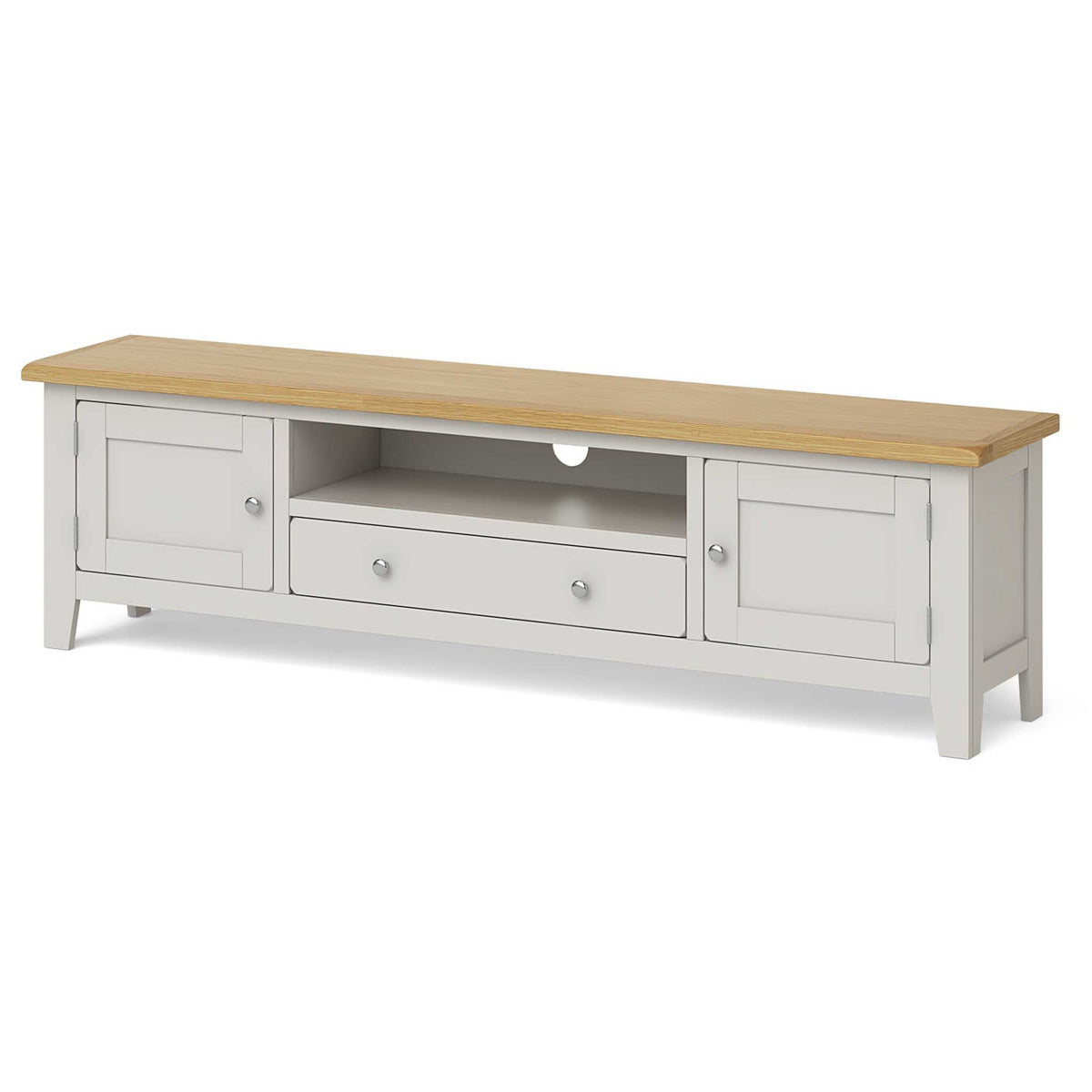 A wooden TV stand with cabinets and shelves, painted white with a natural wood top, against a plain background.