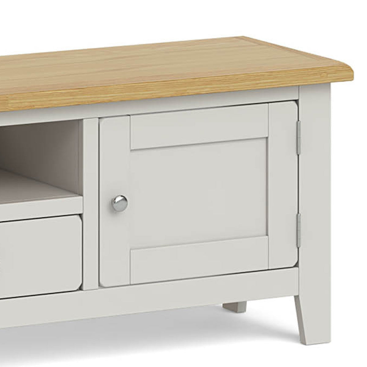 Lundy Grey Extra Large TV Stand - Close Up of Oak Top