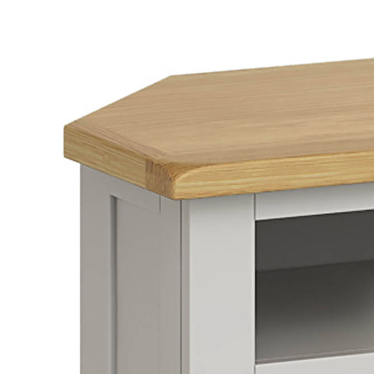 Lundy Grey Corner TV Stand - Close Up of  Oak Top