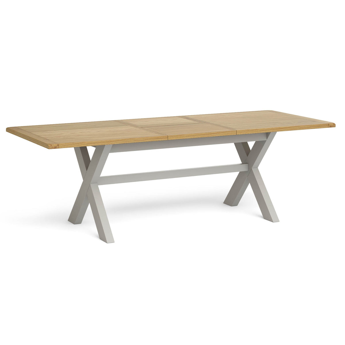 Lundy Grey Cross legged Extending Dining Table with Oak Top - Extended view