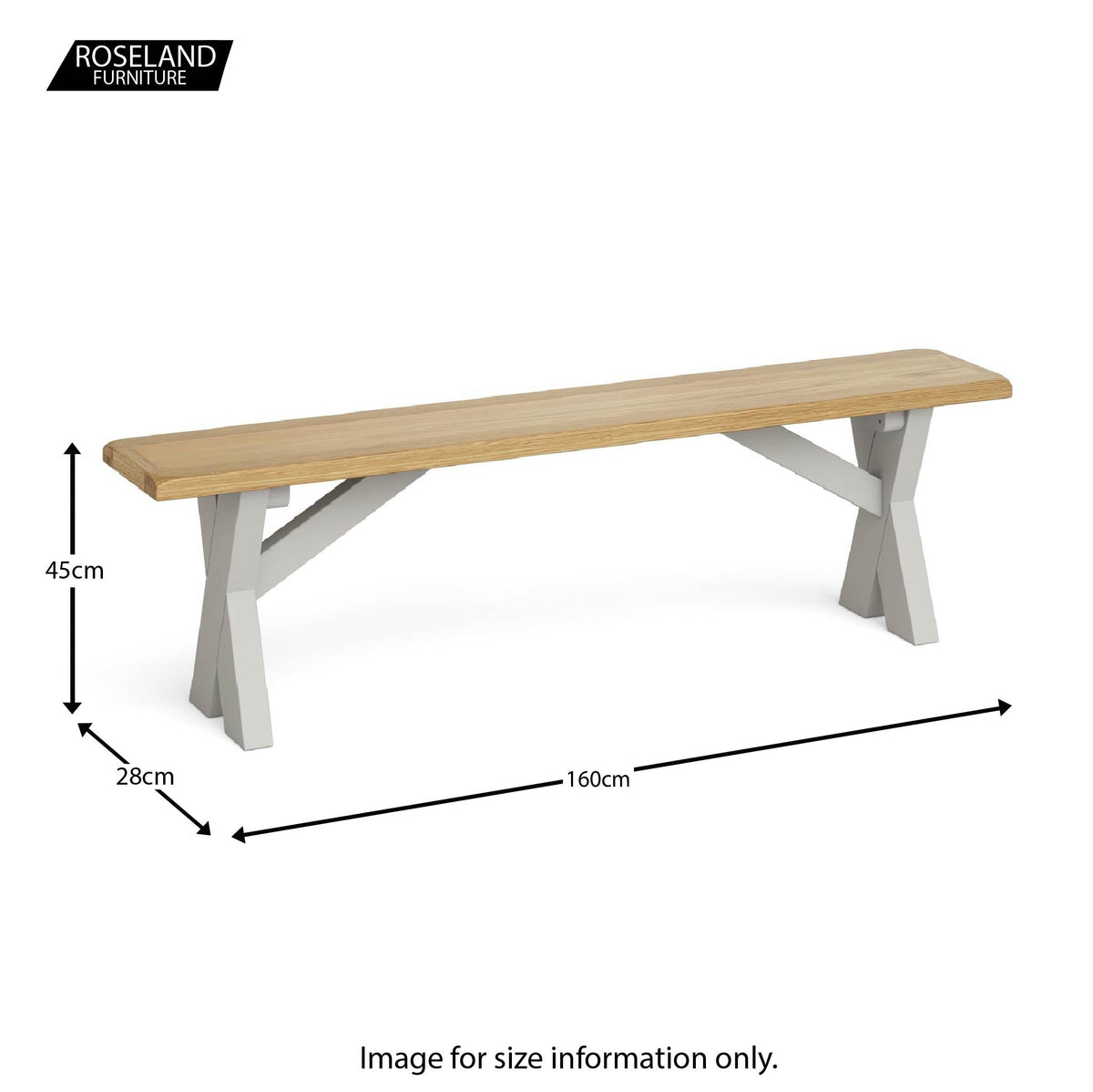 Lundy Grey Crossed Based Oak Topped Bench - Size guide