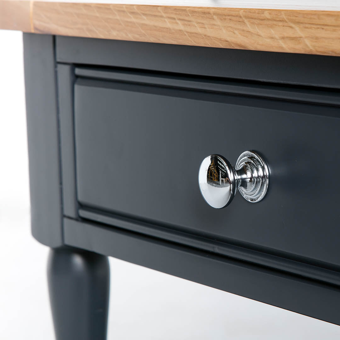 Close up of the round metal handle on the Chichester Charcoal Coffee Table