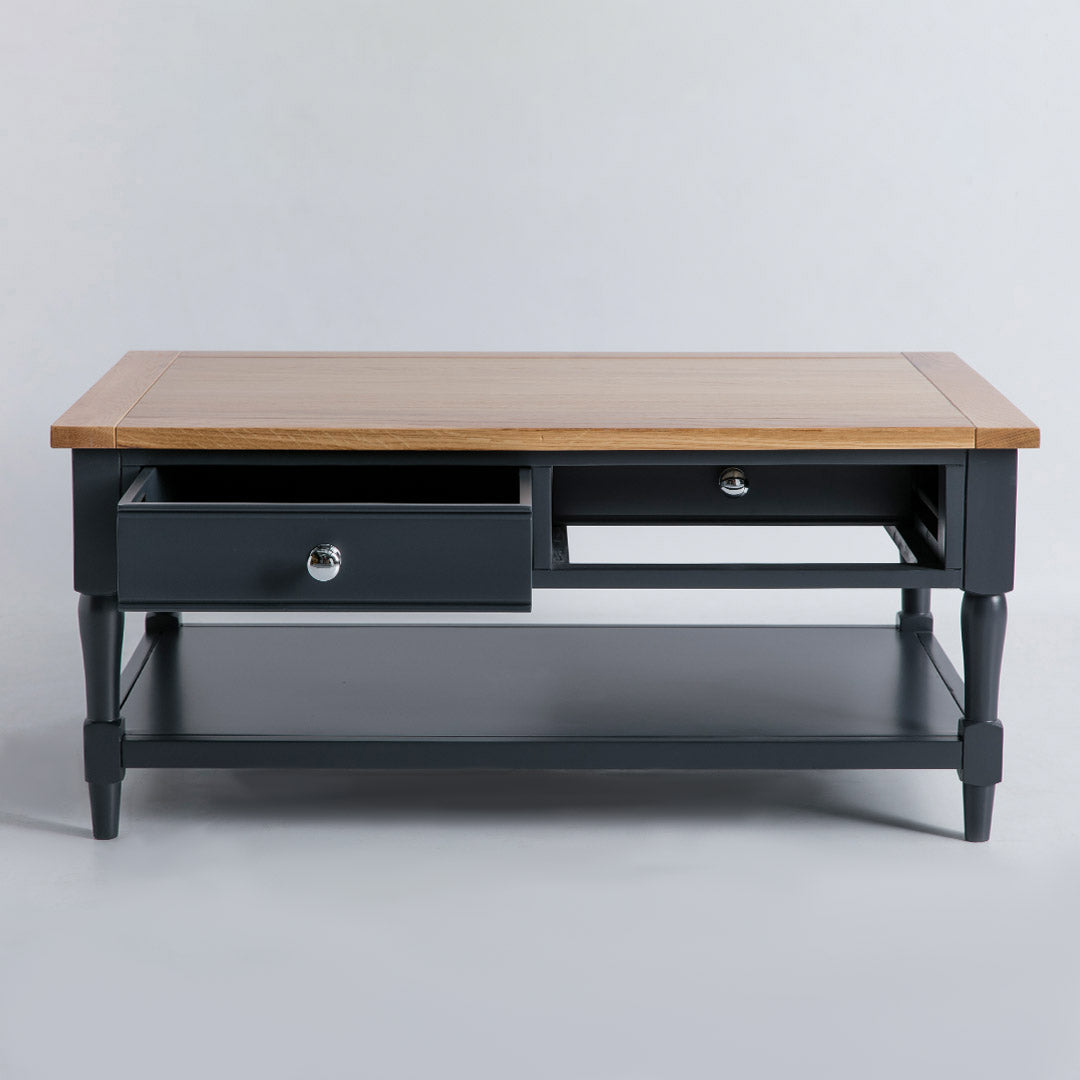 Reversible drawer view on the Chichester Charcoal Coffee Table