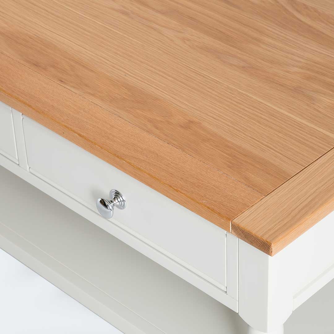 Close up of the oak top on the Chichester Ivory Coffee Table