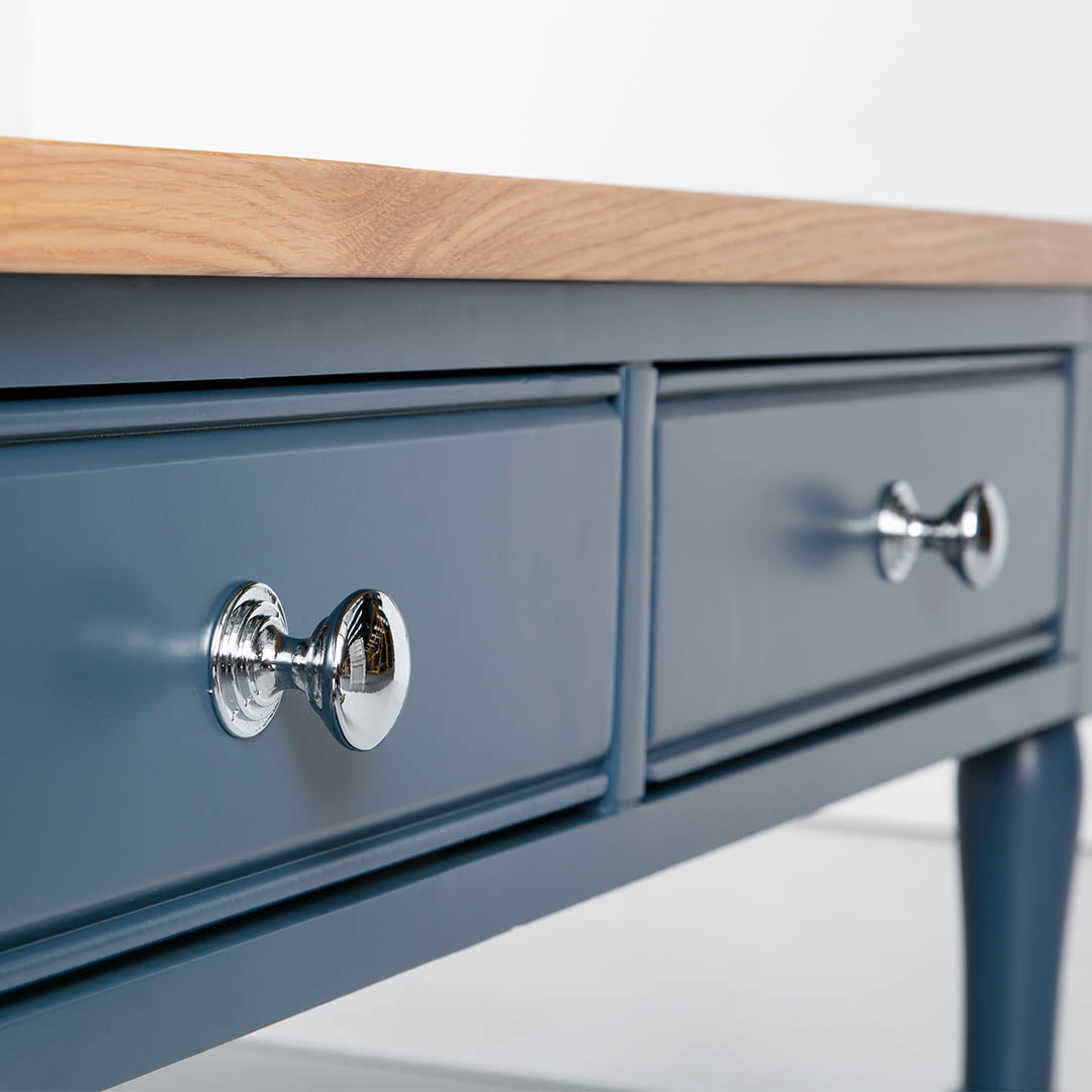 Close up of 2 drawers on the Chichester Stiffkey Blue Coffee Table