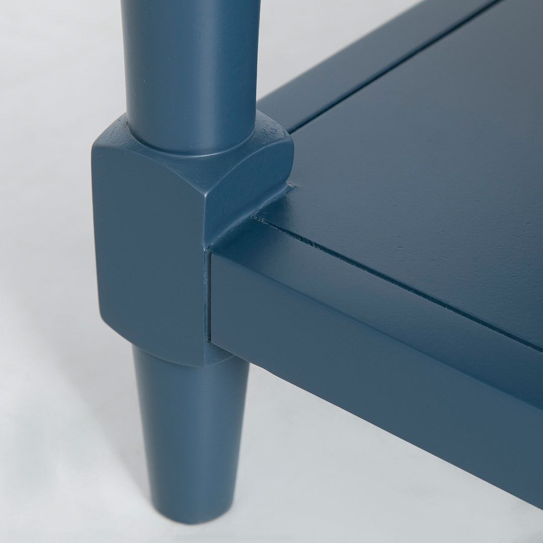 Close up of the painted solid wood legs on the Chichester Stiffkey Blue Coffee Table