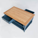 Top view with opened drawers of the Chichester Stiffkey Blue Large Coffee Table 