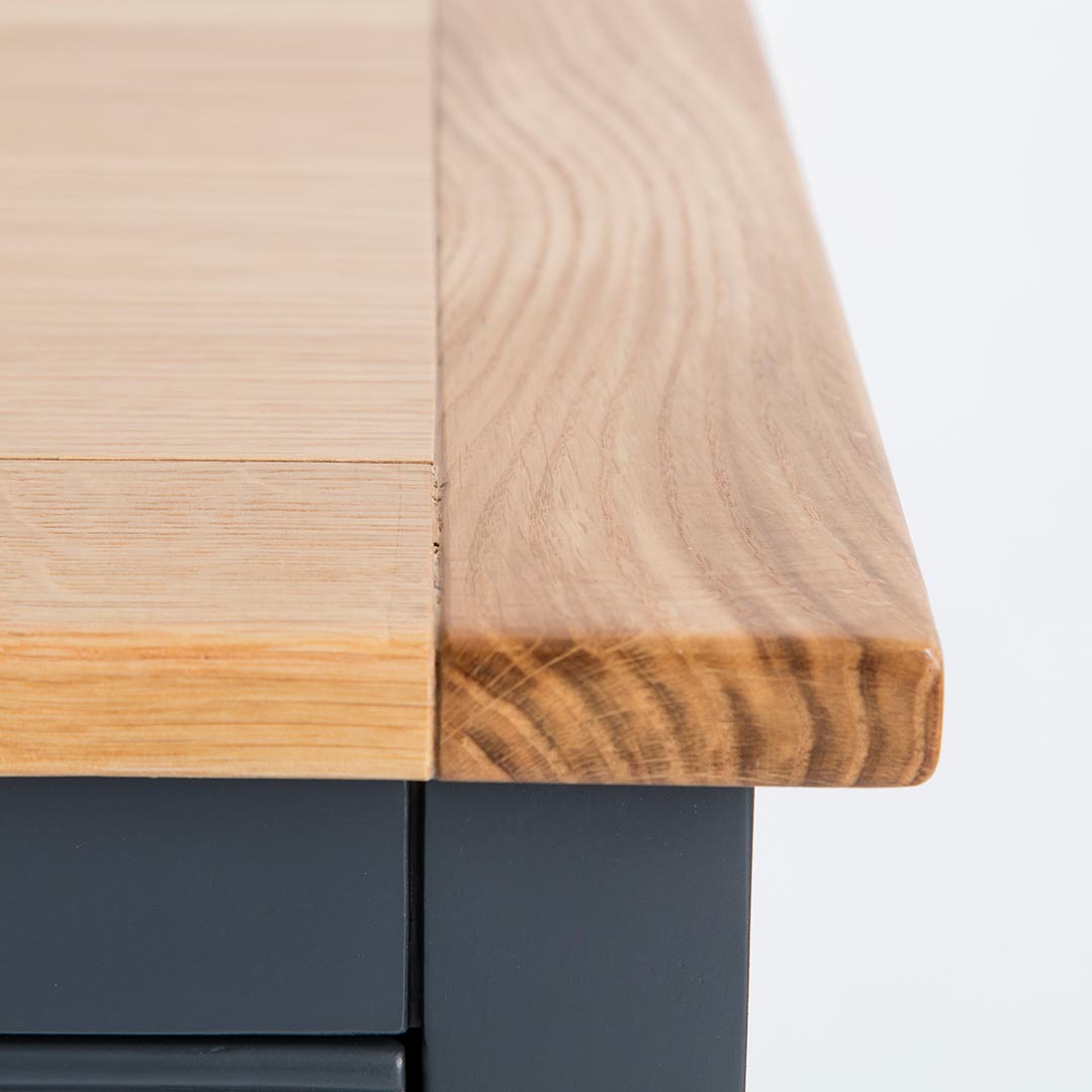Close up of the oak top edge on the Chichester Charcoal Extra Large Sideboard